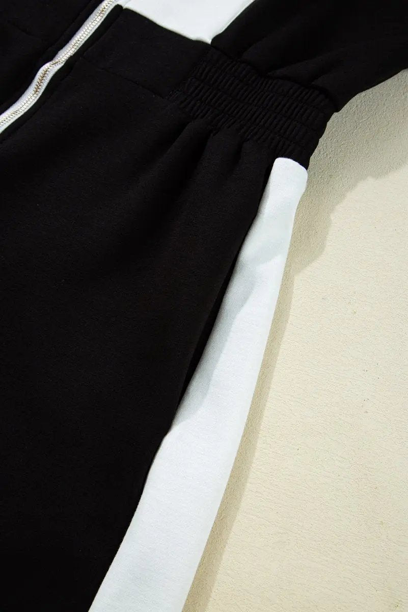 Black Contrast Collar Patchwork Zip Front Romper for Women - Love Salve